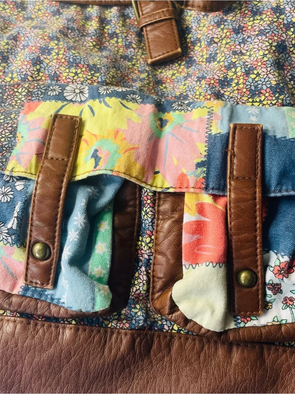Boho Style Backpack Floral And Quilted Patchwork Faux Leather